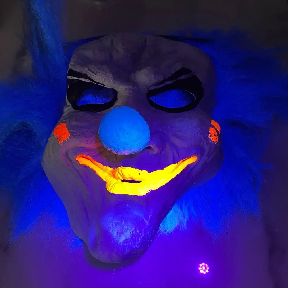 Creepy Clown Mask Halloween Costume Black Light Glows Pennywise Blue Hair NWT
